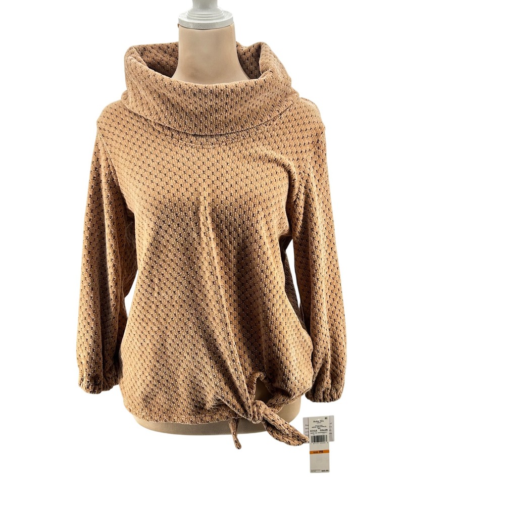 Ruby Rd Petite Cowl Neck Front Tie Sweater Tan Black Textured Knit PS 26356 QO